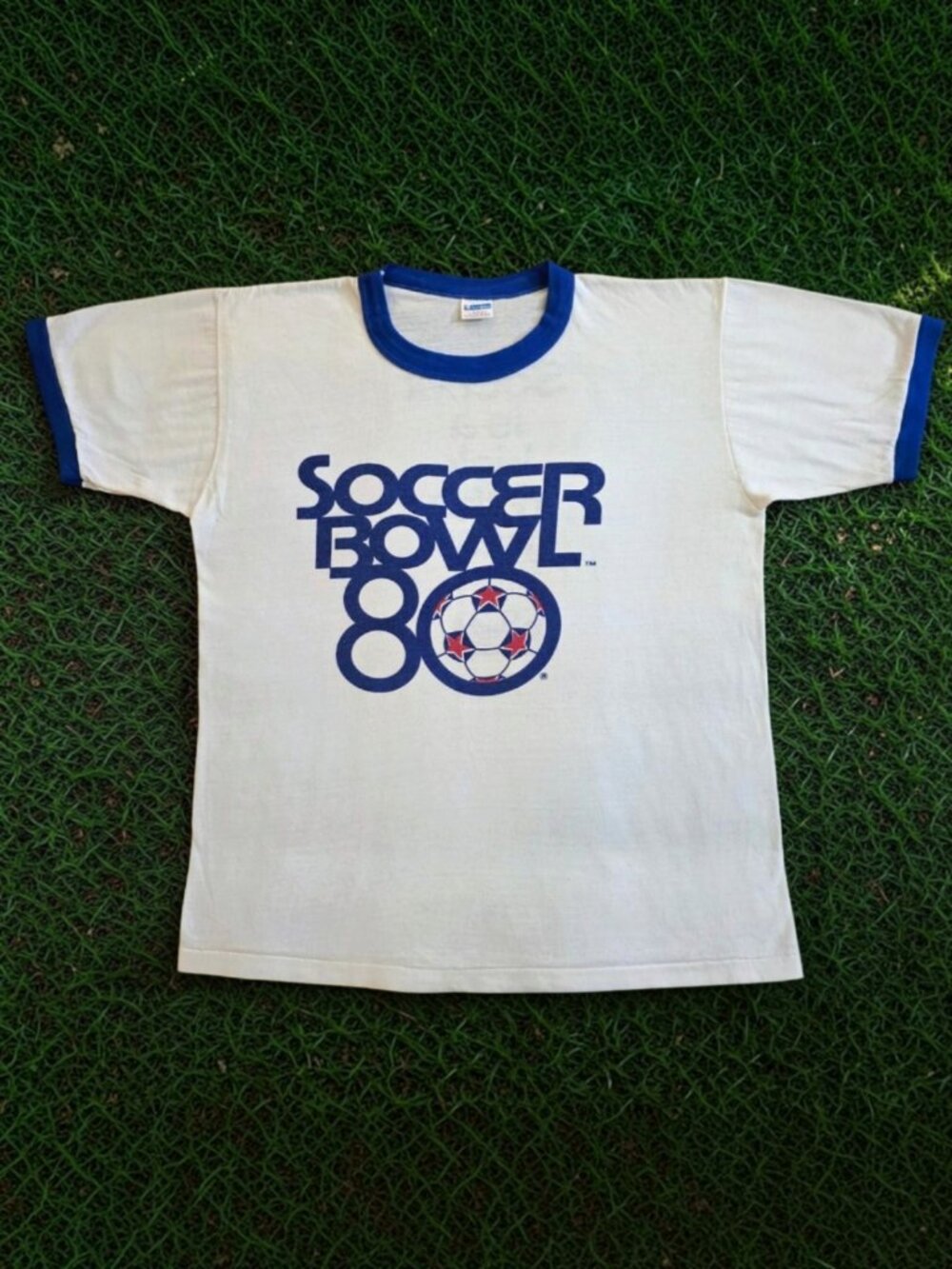 VTG 1980 Champion Soccer Bowl 80 T Shirt L NASL Cosmos Strikers Ringer Promo